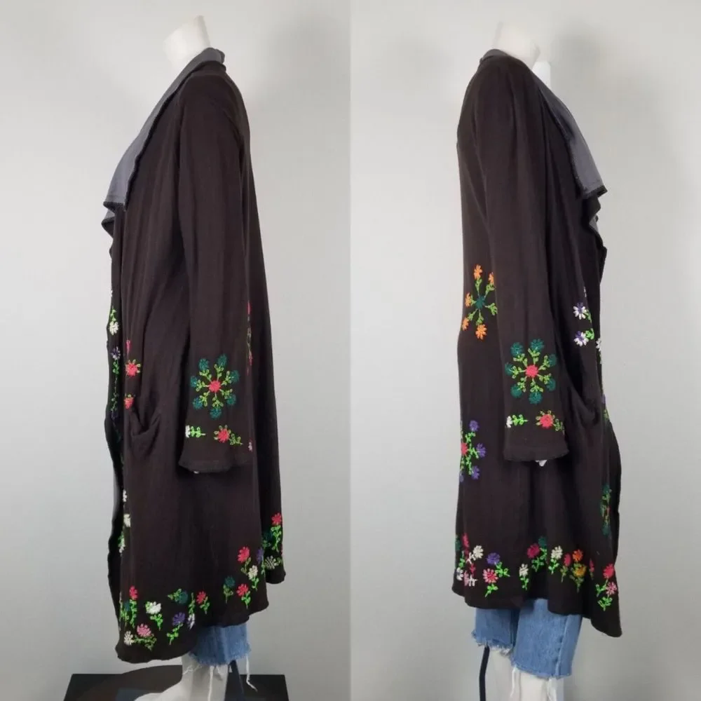 Biya Johnny Was Brown Floral Embroidered Waterfall Long Brown Cardigan Size M - Picture 2 of 15